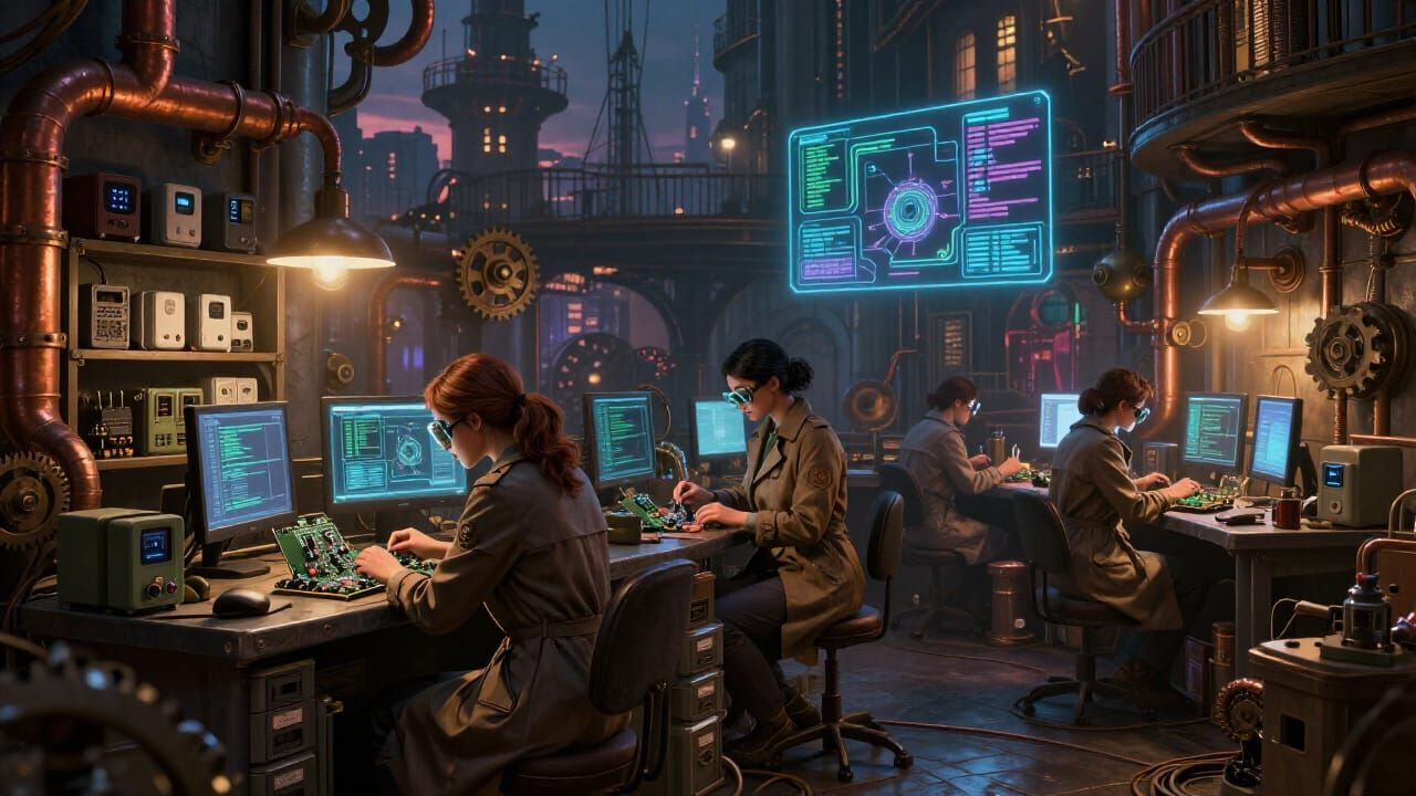 A secretive industrial‑style workshop hidden in a Victorian‑steampunk city, glowing screens and mechanical contraptions everywhere, female engineers in trench coats and goggles examining circuit boards and firmware code, shelves full of PLCs, RTUs, smart home devices, and labelled firmware bins, copper pipes and gears, warm lamplight, shadows suggesting secrecy, digital schematics projected in mid-air, a sense of careful observation and quiet diligence