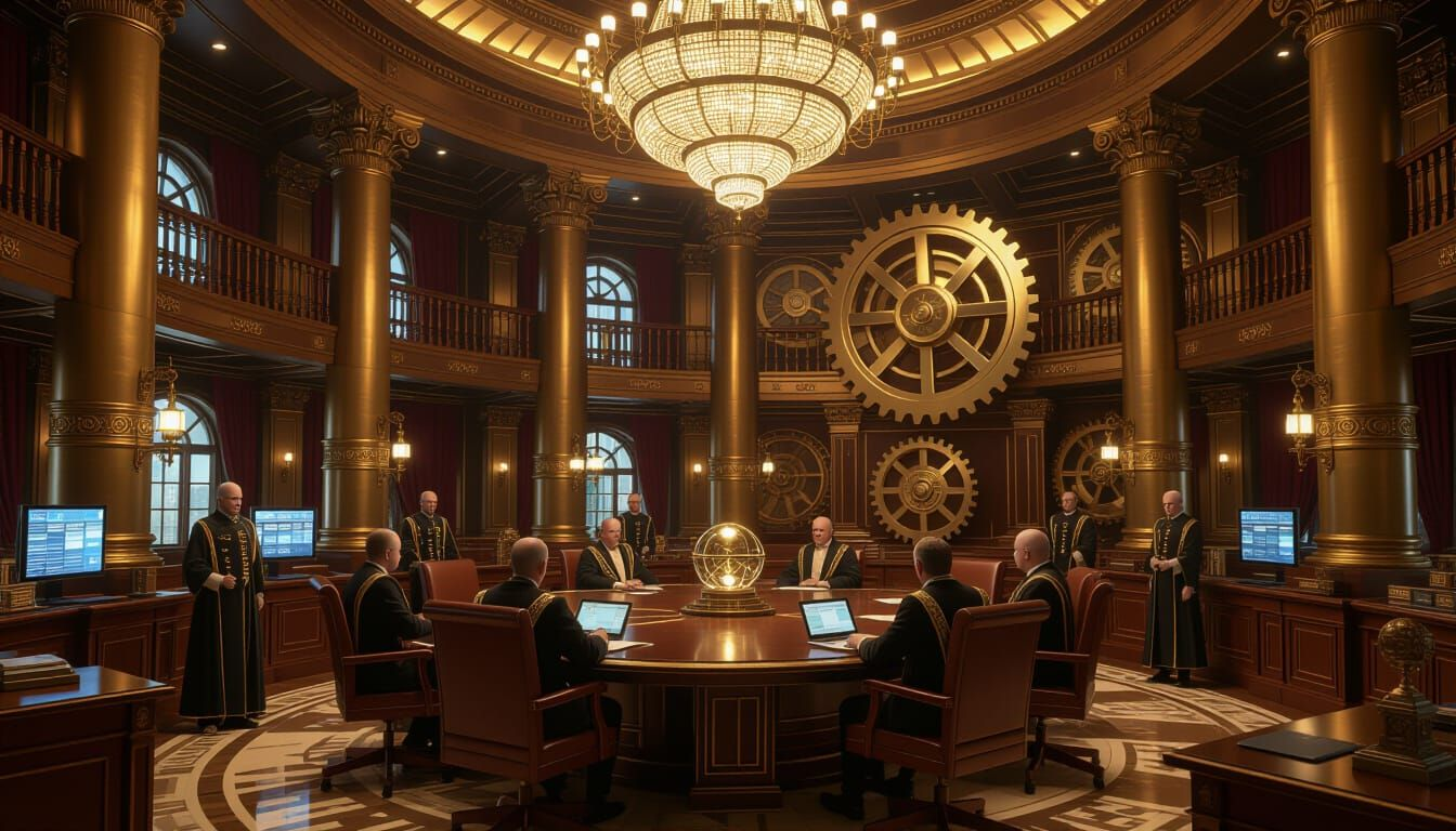 A luxurious but clearly overengineered corporate headquarters in central Ankh Morpork. Massive brass columns, five-storey gears turning lazily. The Golem Trust Computing boardroom brims with polished mahogany, glowing arcane displays, and enchanted server orbs wired through ornate clockwork.