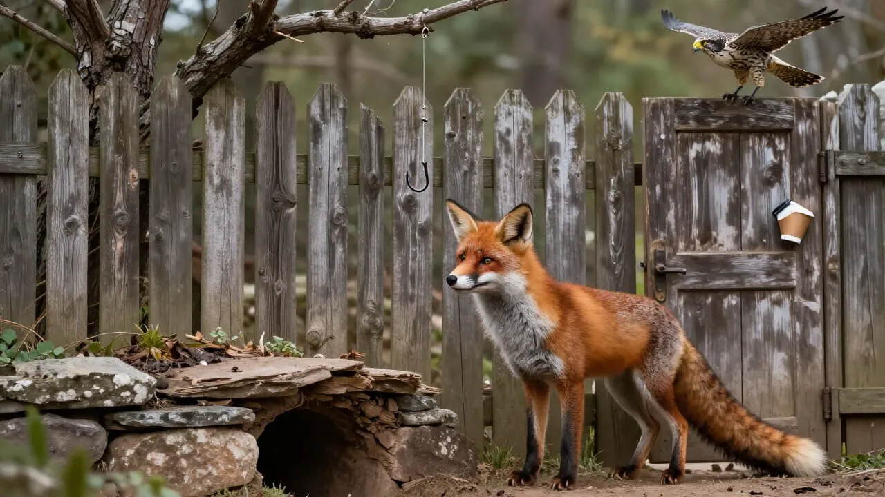 A fox at the treeline, one paw raised, reading every gap in the fence at once. A phishing hook dangles from a branch above. A door stands open, held by a paper coffee cup. At the base of the wall, a burrow, unpatched and wide enough. The falcon is already circling. The prey has not looked up yet.