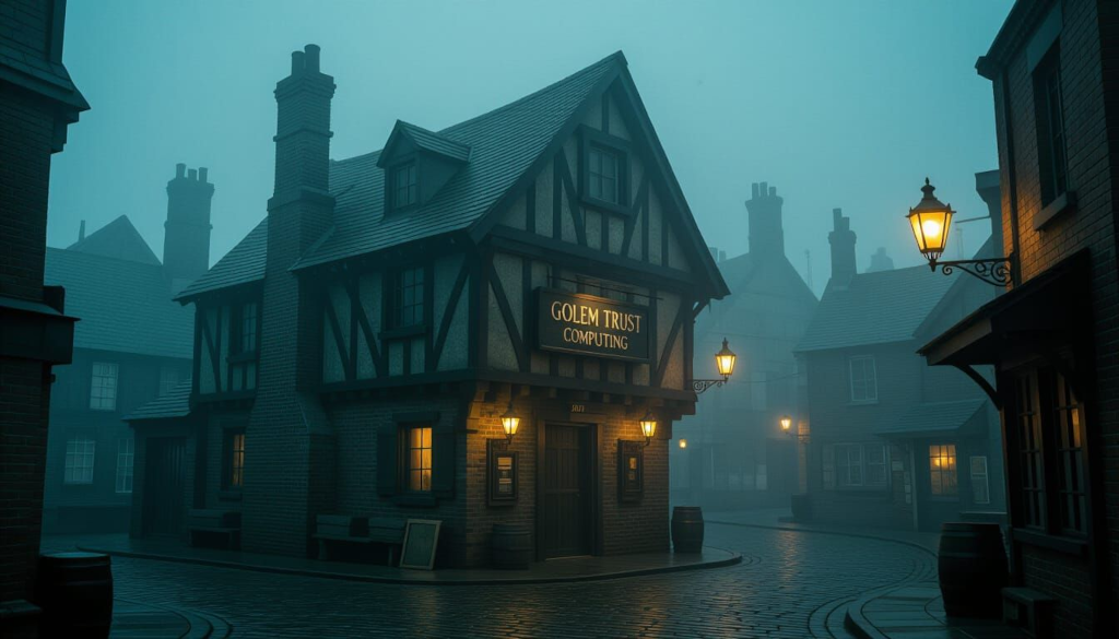 A ramshackle converted warehouse near the Shades in Ankh Morpork, fog rising from cobbled streets, crooked gas lamps glowing. A hand-painted sign reads Golem Trust Computing.