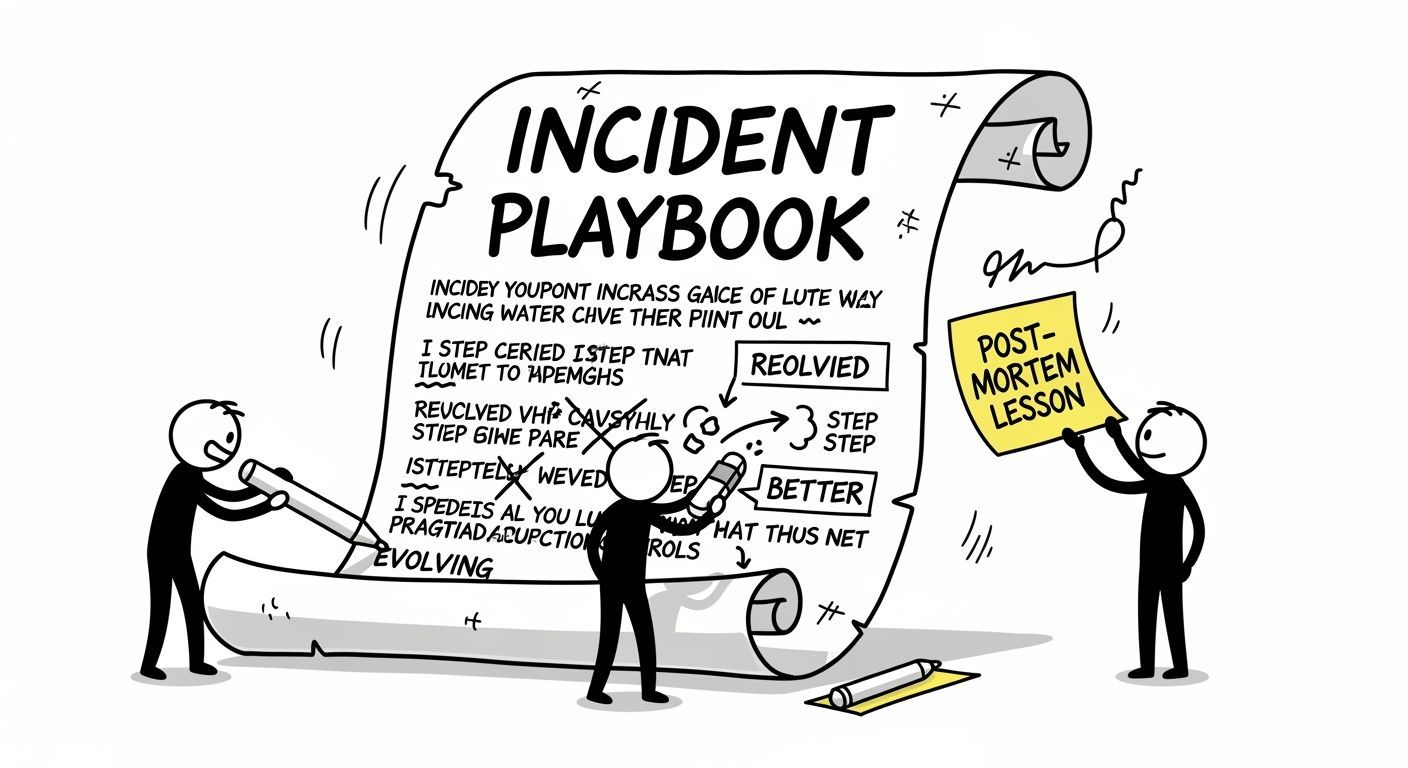 A stick figure is writing on a giant scroll labeled 'Incident Playbook'. Another stick figure is erasing a step and writing a better one. A third stick figure is adding a 'Post-Mortem Lesson' sticky note to the margin. The playbook is shown as a messy, evolving document, not a pristine book.