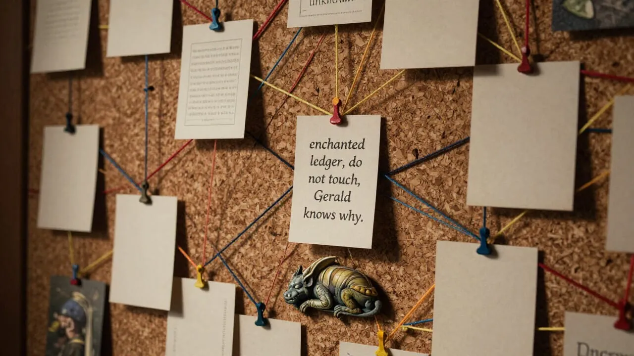 A vast cork board covered in strings of different colours connecting hand-drawn cards. Some strings lead to blank cards marked unknown. One card says enchanted ledger, do not touch, Gerald knows why. A small gargoyle is asleep underneath it.