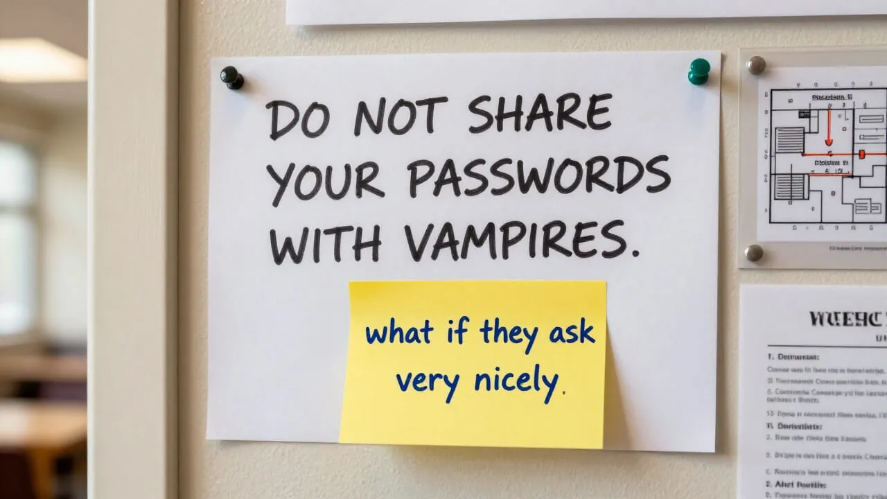 A handwritten notice pinned to the communal dining room wall between a fire escape plan and the weekly menu. It reads DO NOT SHARE YOUR PASSWORDS WITH VAMPIRES. Someone has added a note underneath in different ink: what if they ask very nicely.