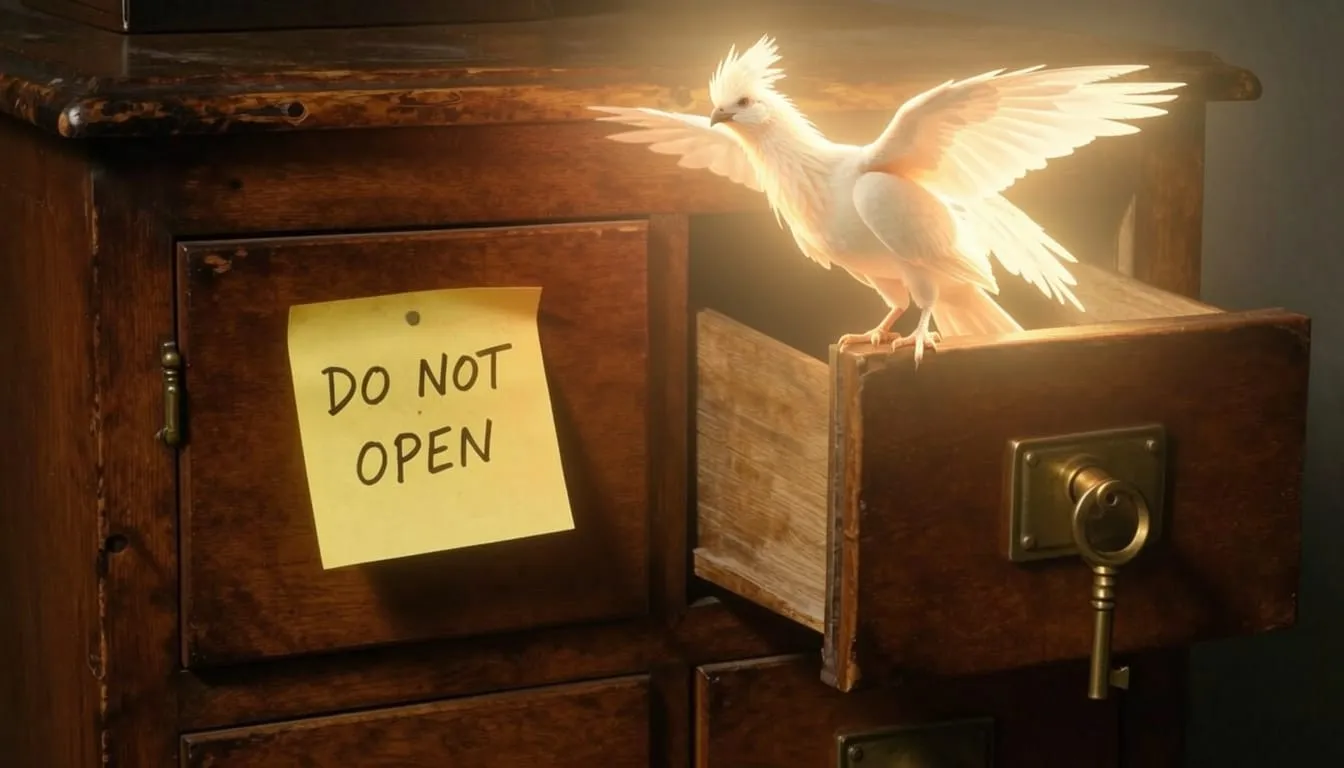 A tall wooden filing cabinet secured with a heavy padlock. The padlock is open. The key is in it. The top drawer is labelled MEMBER RECORDS — CONFIDENTIAL and has been left slightly ajar. A phoenix is roosting on top of the cabinet, glowing faintly. Nobody has noticed.