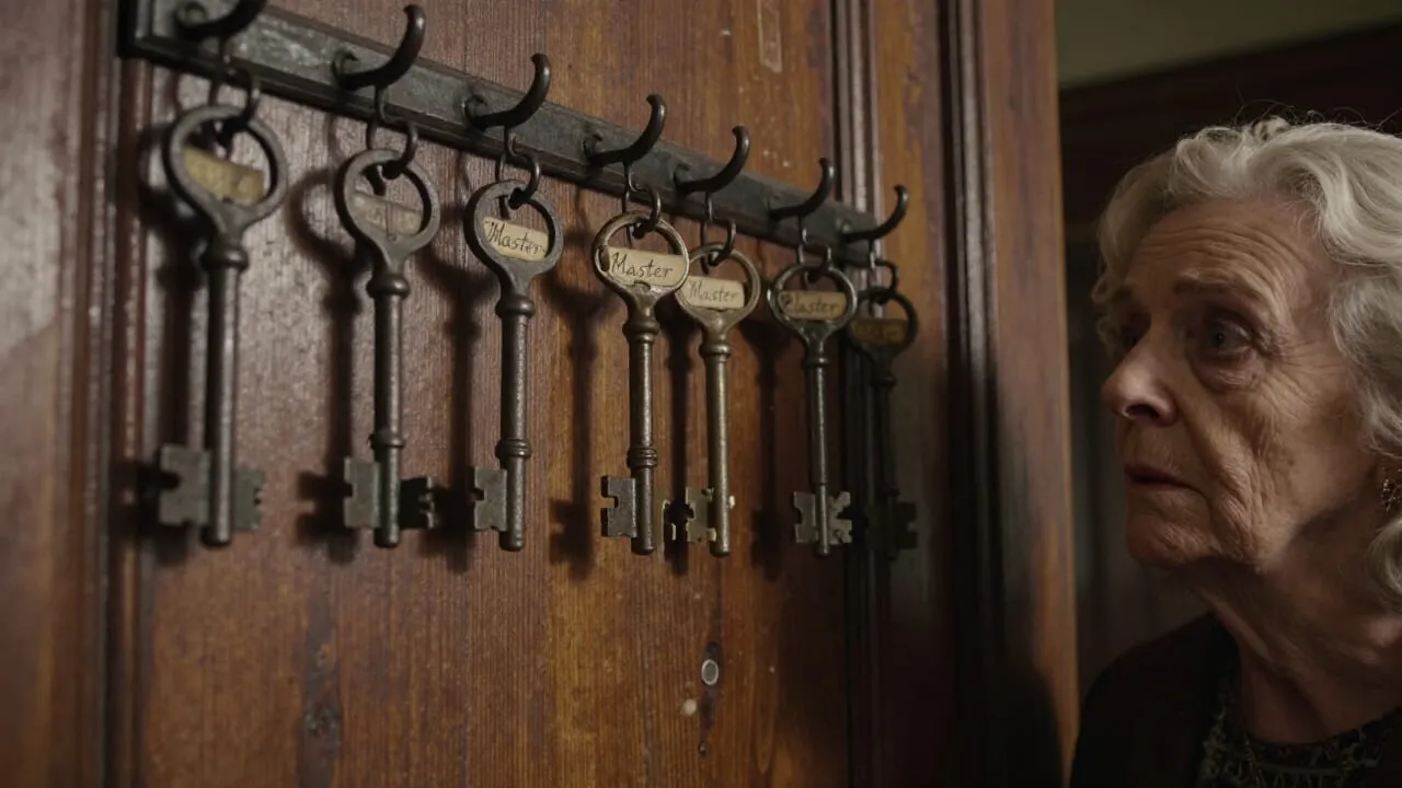 A large iron key board mounted on the wall of the Home's entrance hall. Many keys hang from it, labelled in faded ink. Several hooks are empty. One key is labelled Master and appears to have been copied at least four times. Mrs. Clodpull is staring at it with deep suspicion.