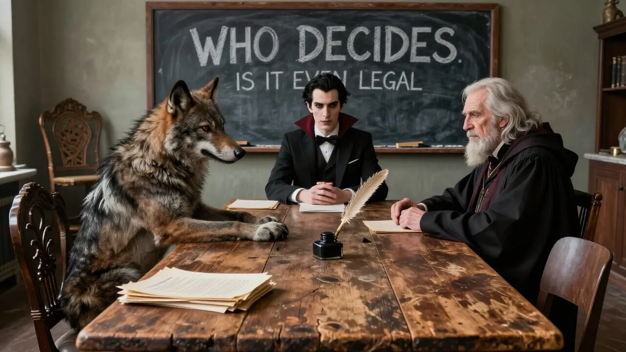 A long table with mismatched chairs. Around it: a werewolf, two vampires, and someone who may be a wizard. On the chalkboard behind them: WHO DECIDES, and below it in slightly smaller chalk: IS IT EVEN LEGAL. A stack of policy documents sits at one end next to an inkpot with a quill in it.