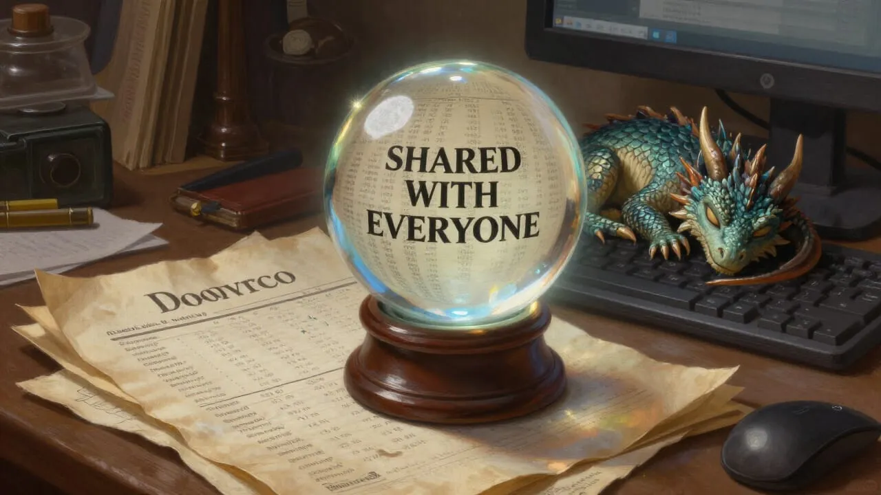 A crystal ball mounted on a cluttered desk next to a stack of parchment marked SHARED WITH EVERYONE. A small dragon has fallen asleep on the keyboard. The crystal ball is displaying what appears to be the entire donor ledger. Nobody is watching.