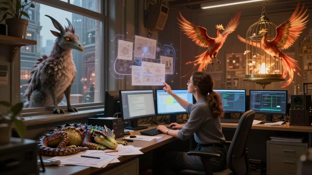 She reviews reports as a retired hippogriff perches impatiently outside, a young wyvern sleeps on paperwork ...