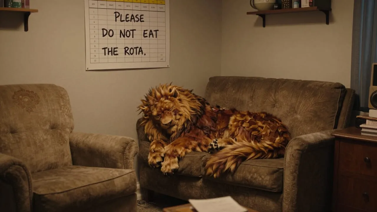 A cluttered but warmly lit office. Whiteboards covered in post-its, a tangle of cables, a dog asleep under the desk. Someone has written WHERE IS THE ASSET REGISTER in red marker and circled it three times.