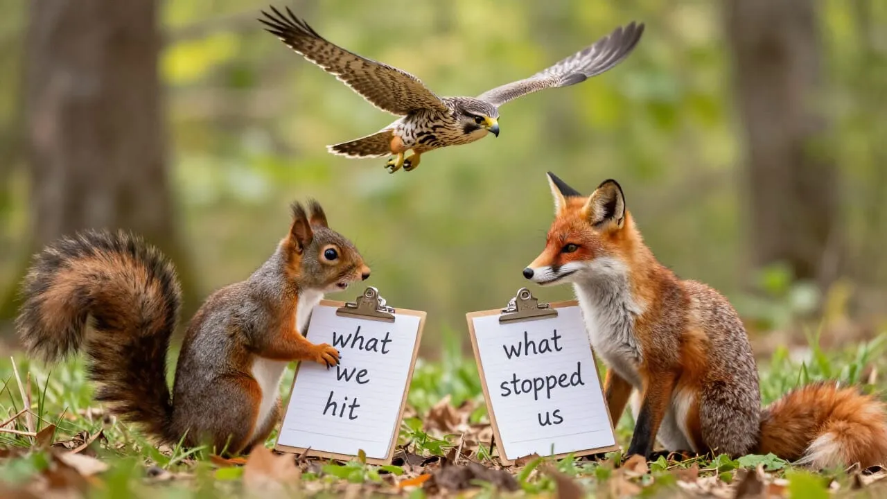 A squirrel and a fox sit across from each other in the forest. Both have clipboards. The squirrel's says "what we hit". The fox's says "what stopped us". A falcon swooping in is reading both.