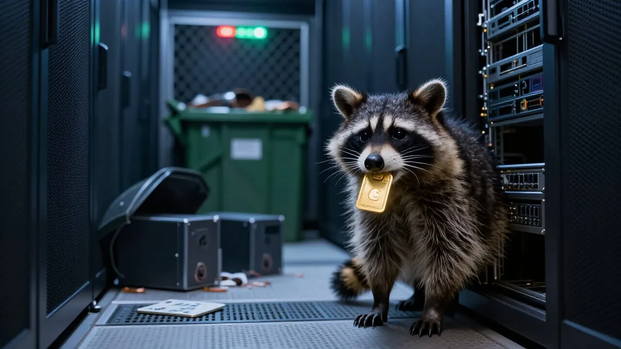 A raccoon elbow-deep in a server rack at midnight, one eye on the corridor, a privilege token clamped in its teeth. Behind it: a dumpster tipped, three systems overturned, a registry picked clean. Ahead: another fence, another misconfigured service, another lid left loose. It has not decided where it lives yet. It is deciding now.