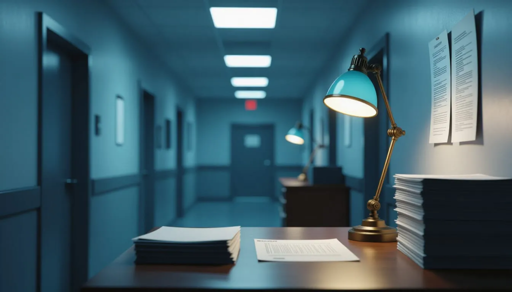 An empty, dimly lit bureaucratic corridor with unmarked doors, no signage, no windows. A single steampunk desk lamp casts soft blue light onto neatly stacked papers with no readable text. No humans present.