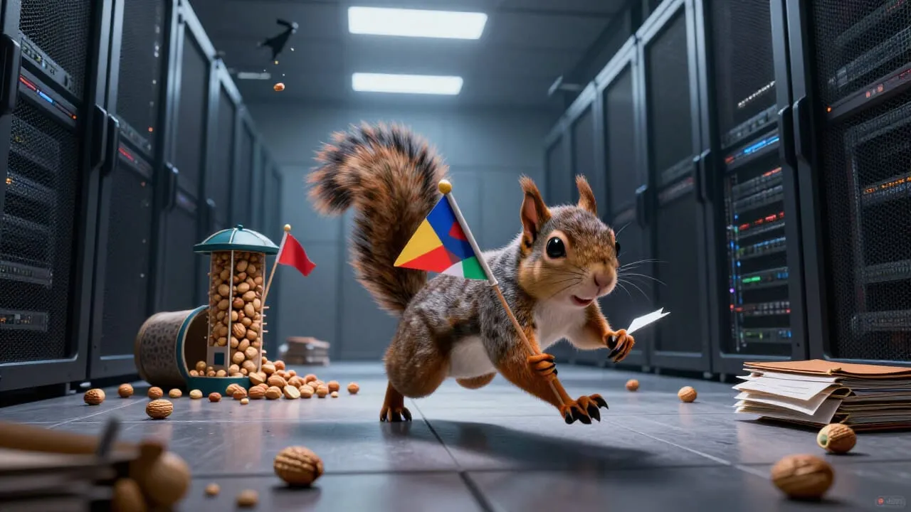 A squirrel mid-sprint across a server room floor, cheeks stuffed, arms full of flags and file bundles. Behind it: a bird feeder tipped over, logs scattered, a handful of decoy nuts arranged with suspicious neatness.